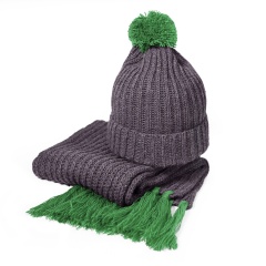 Вязаный комплект шарф и шапка GoSnow, антрацит c фурнитурой, ярко-зелёный, 70% акрил,30% шерсть