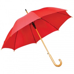Зонт-трость с деревянной ручкой, полуавтомат; красный; D=103 см, L=90см; 100% полиэстер; шелкография