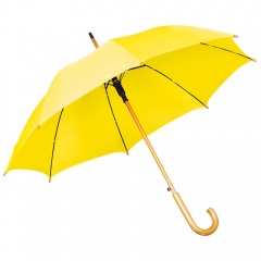 Зонт-трость с деревянной ручкой, полуавтомат; желтый; D=103 см, L=90см; 100% полиэстер; шелкография