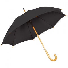 Зонт-трость с деревянной ручкой, полуавтомат; черный; D=103 см, L=90см; 100% полиэстер; шелкография