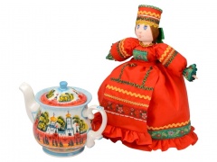 Подарочный набор Кремлевский: кукла на чайник, чайник заварной с росписью, чай травяной