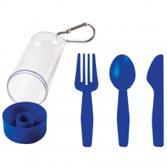 Набор "Pocket":ложка,вилка,нож в футляре с карабином, синий, 4,2х15см,пластик